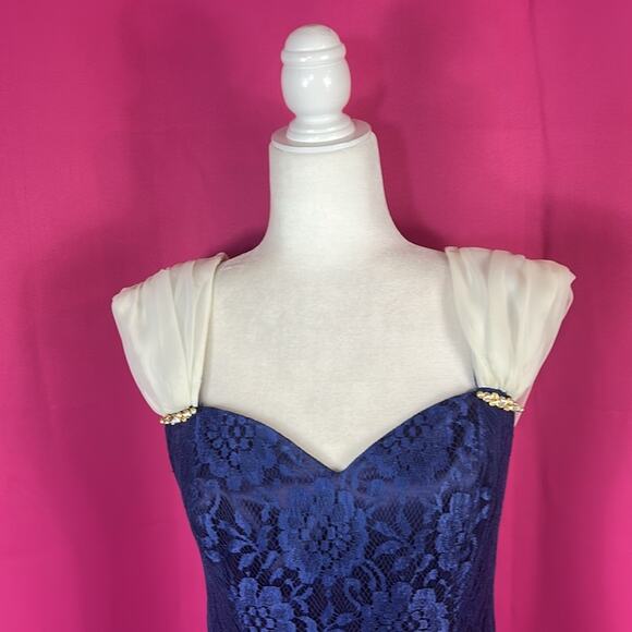 Vintage 80s 90s unbranded chiffon bow lace cocktail party sheath maxi dress M - Picture 2 of 9